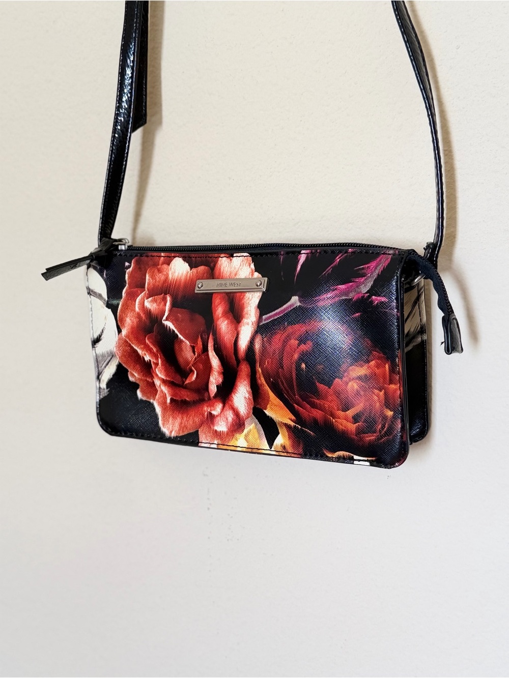 Nine West Floral Zip Mini Shoulder Purse- Black with Red Rose Print - Picture 7 of 16